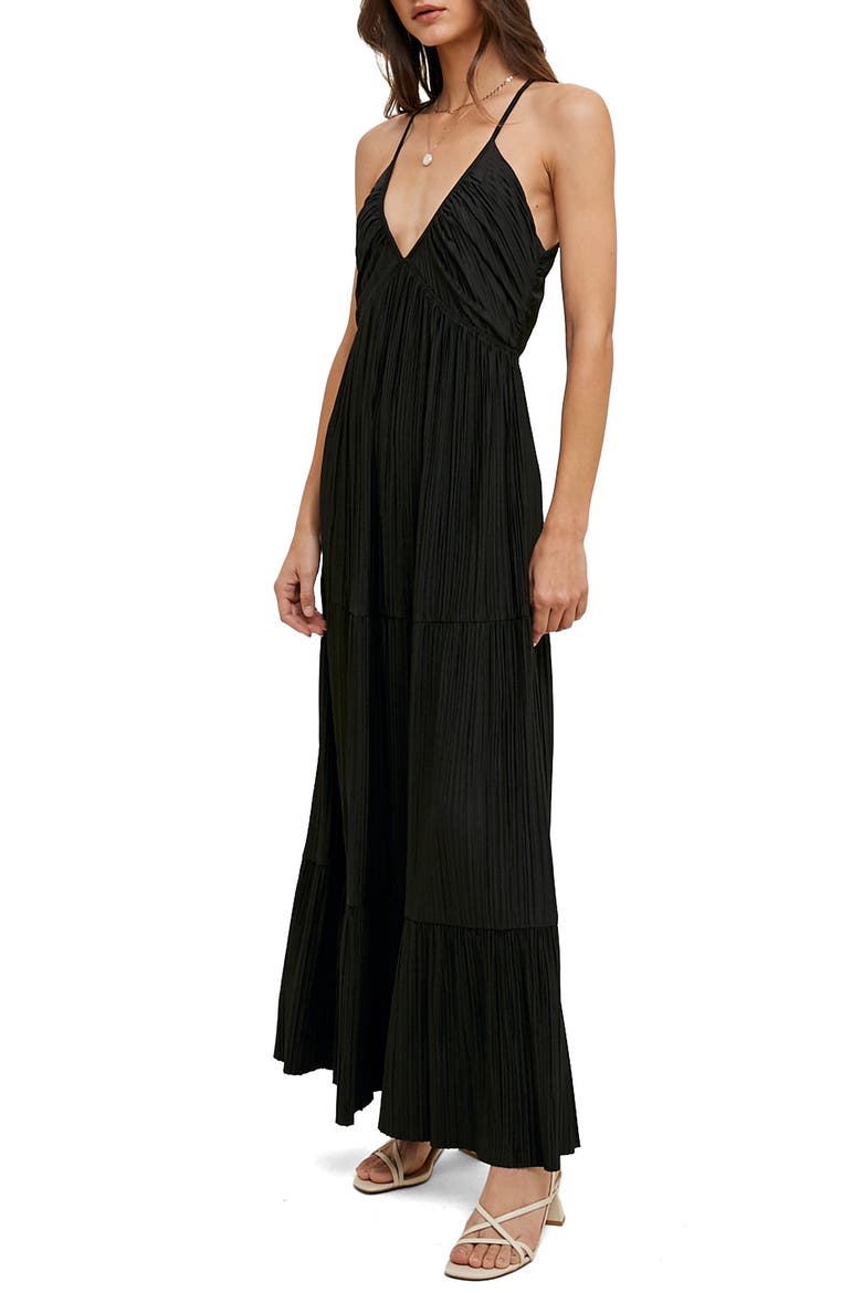 Pleated Satin Maxi Dress, Alternate, color, BLACK