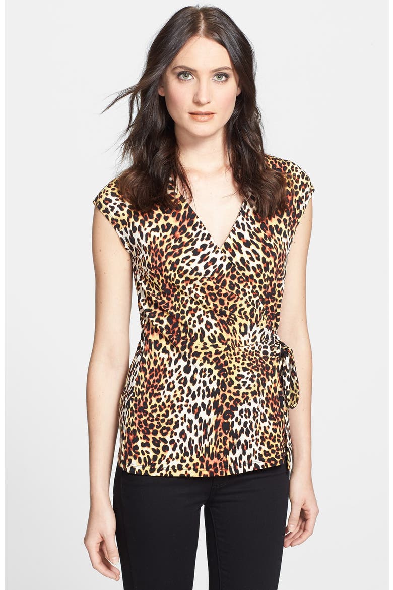 Anne Klein Leopard Print Wrap Top, Main, color, VERMILLION MULTI
