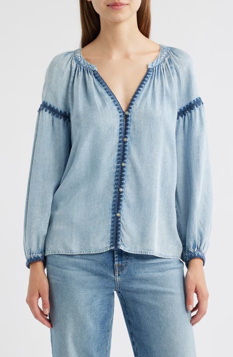 売れ筋商品|||ヴィンスカムート カットソー トップス レディース Women's Chambray Shine-Stripe Flutter-Sleeve Top Cool Waters Vince Camuto Women's Chambray Shine-Stripe Flutter-Sleeve