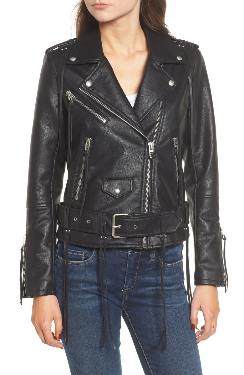 BLANKNYC Faux Leather Tassel Moto Jacket, Alternate, color,