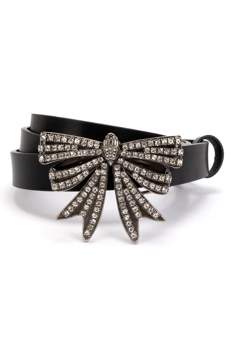 Kurt Geiger London Crystal Bow Buckle Leather Belt, Main, color, 