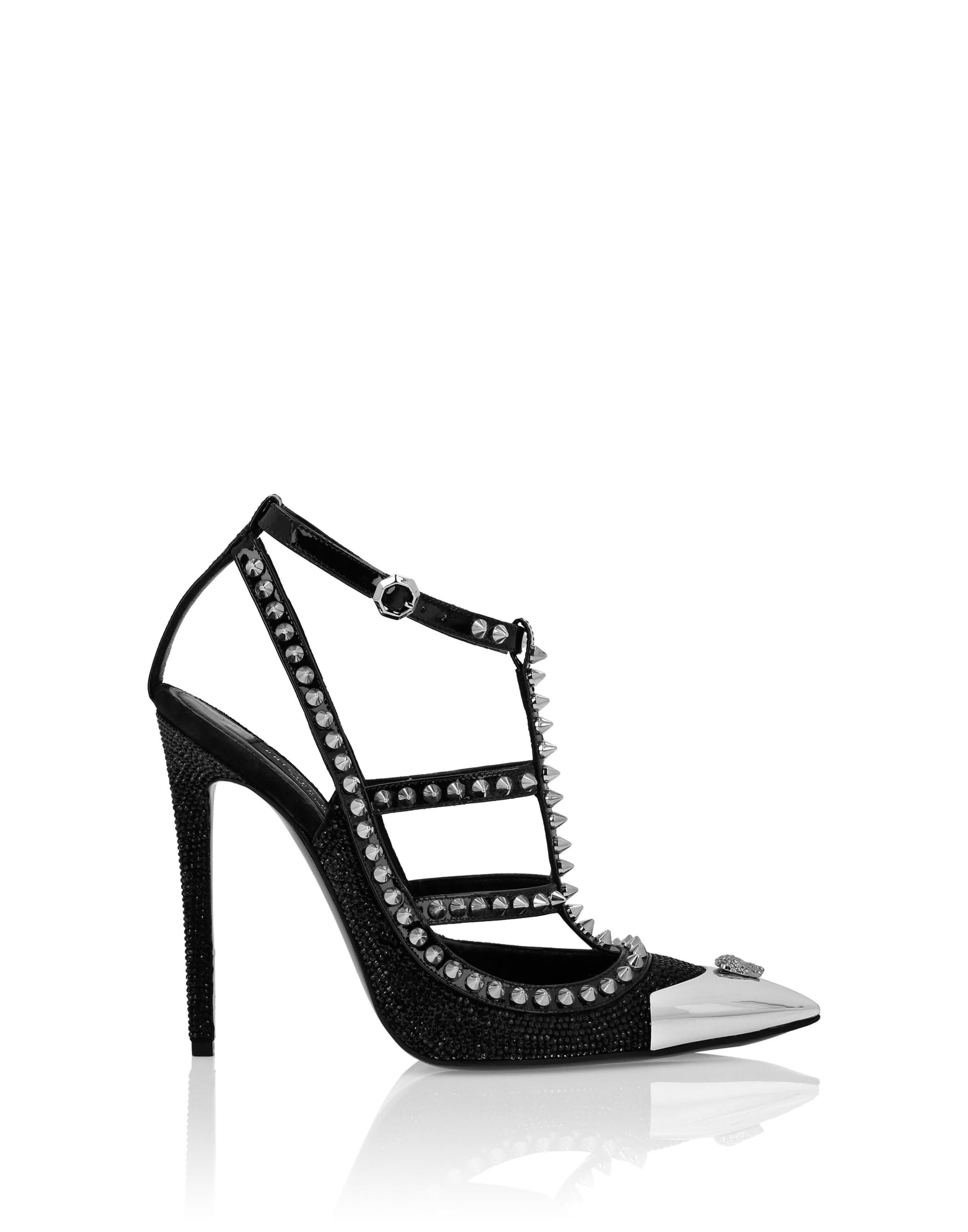 Leather Strass Sandals High Heels Studs Women, Alternate, color, black