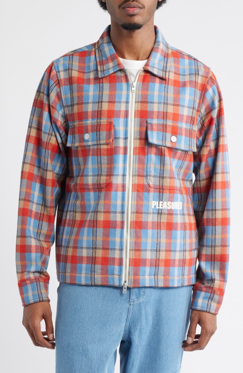 PLEASURES Folklore Plaid Brushed Wool Blend Zip-Up Work Jacket, Alternate, color, Blue / Red
