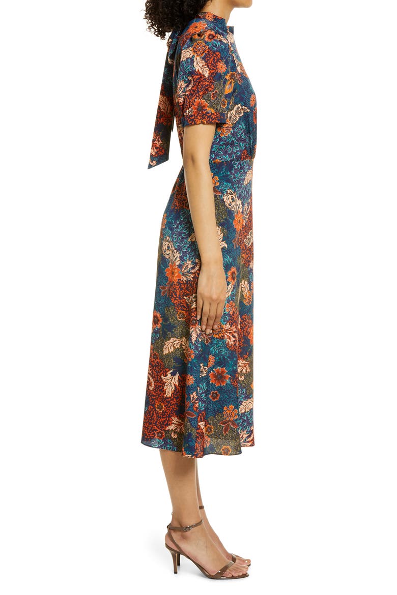 Floral Puff Sleeve A-Line Midi Dress, Alternate, color, NAVY MULTI