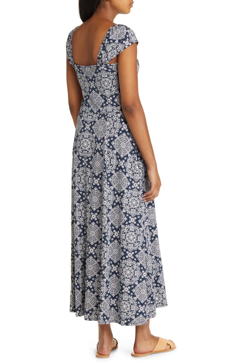 Tie Front Cap Sleeve A-Line Midi Dress, Alternate, color, NAVY/ IVORY