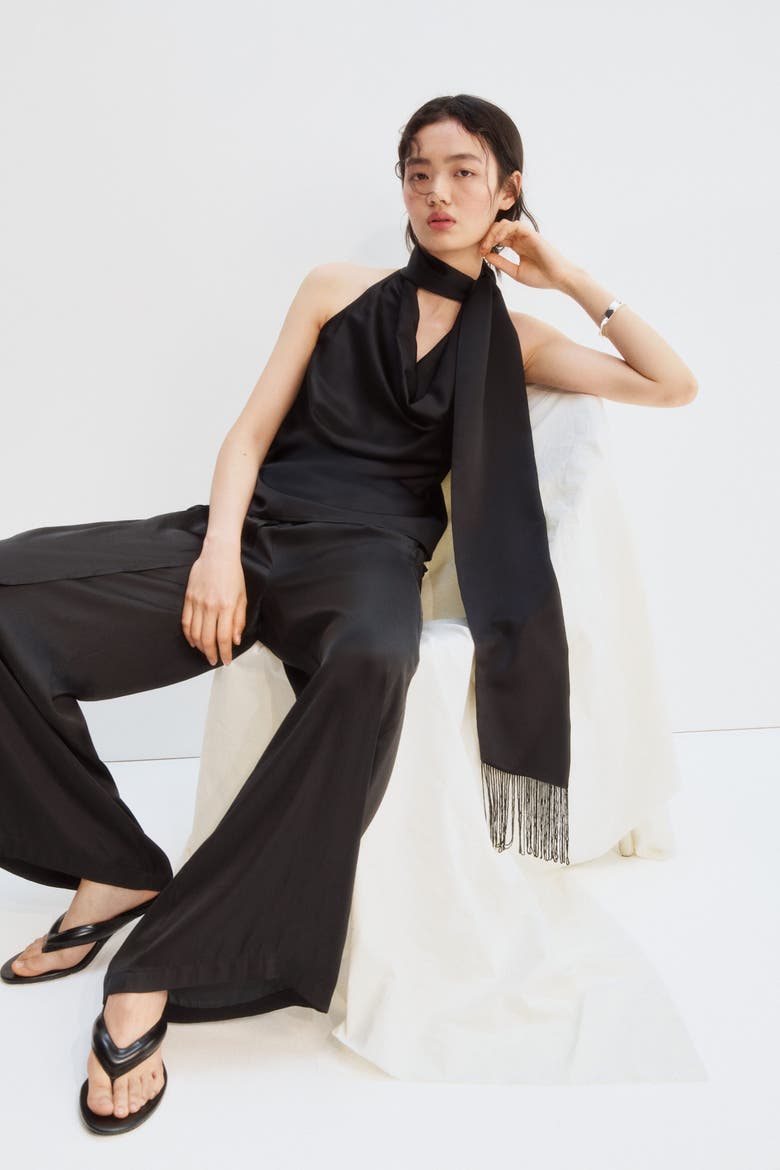 Scarf-detail Satin Top, Alternate, color, Black