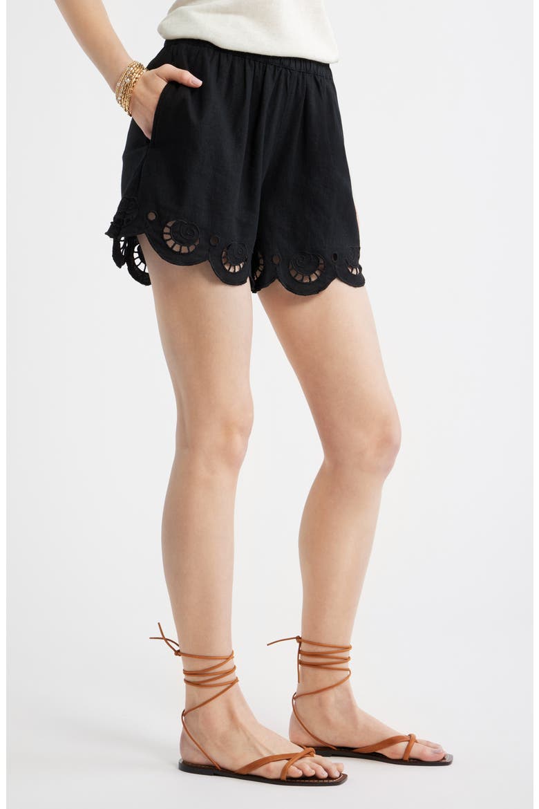 Cutwork Hem Linen Blend Pull-On Shorts, Alternate, color, BLACK