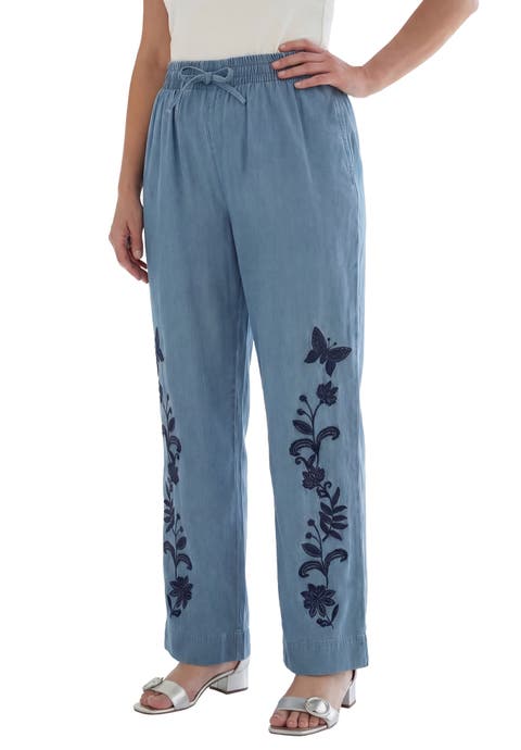 Plus Size Embroidered Pull On Wide Leg Chambray Pant