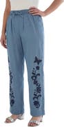 Roaman's Plus Size Embroidered Pull On Wide Leg Chambray Pant