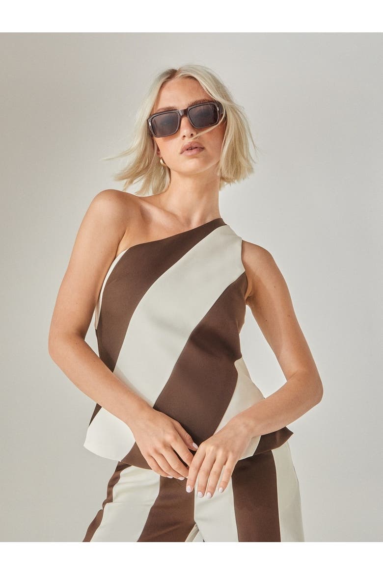 Stripe Tailored One Shoulder Top, Main, color, Chocolate