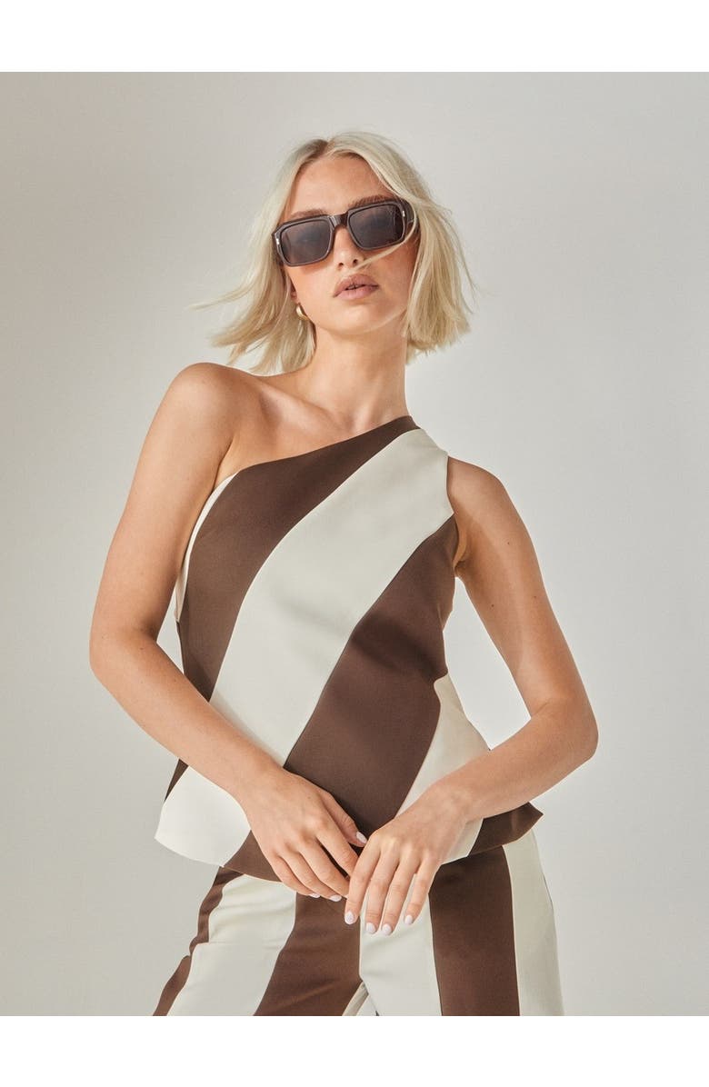 NASTY GAL Stripe Tailored One Shoulder Top, Main, color, Chocolate