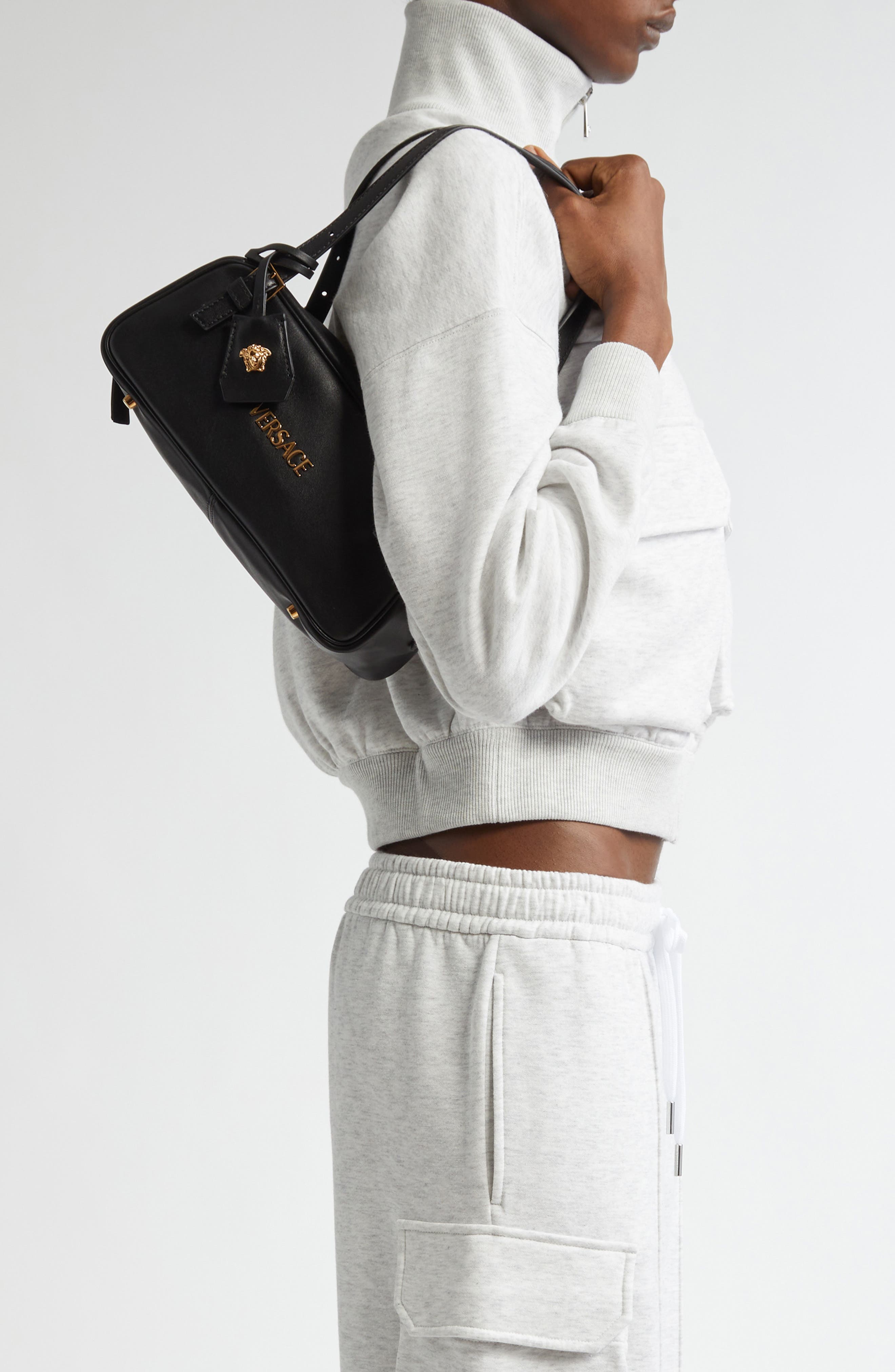 Versace Small Logo East/West Leather Shoulder Bag, Alternate, color, 