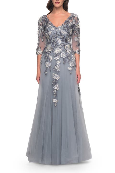 Tulle A-Line Gown with Beautiful Lace Applique and Sheer Sleeves