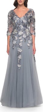 La Femme Tulle A-Line Gown with Beautiful Lace Applique and Sheer Sleeves