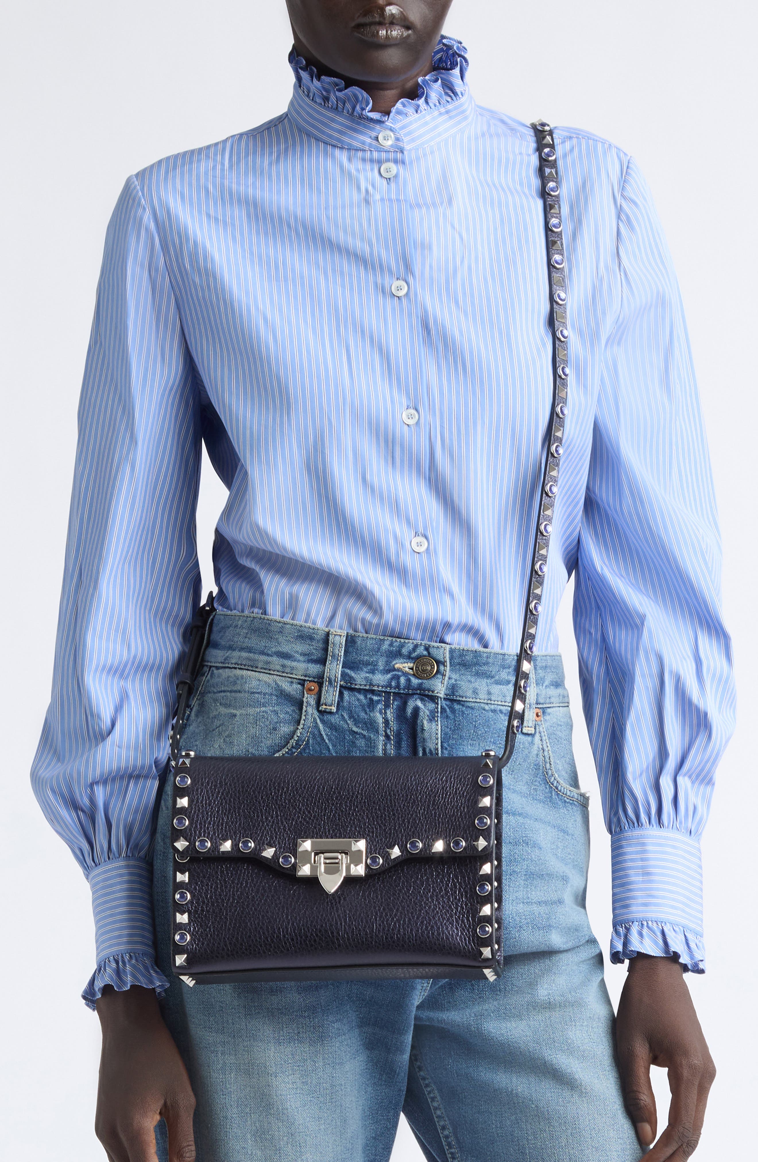 Small Rockstud Shoulder Bag, Alternate, color, NAVY