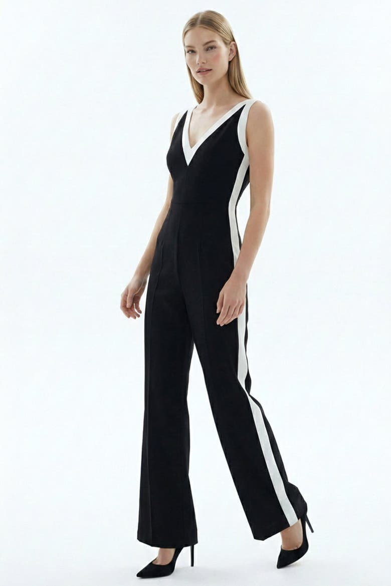 V-Neck Sleeveless Regular Fit Jumpsuit With White Stripes, Alternate, color, BLACK