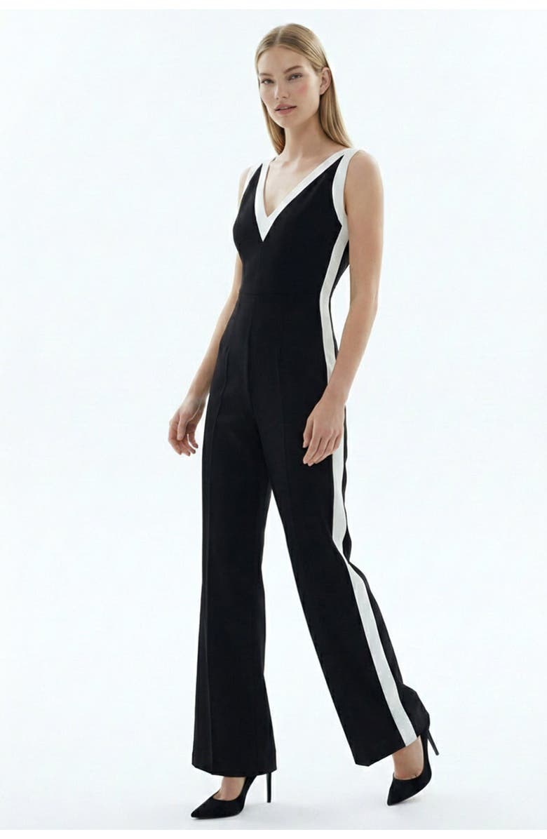 Exquise V-Neck Sleeveless Regular Fit Jumpsuit With White Stripes, Alternate, color, Black