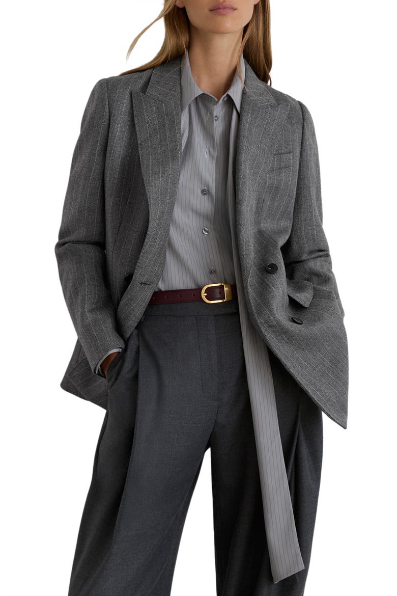 Astrid Pinstripe Double Breasted Wool Blazer, Main, color, GREY