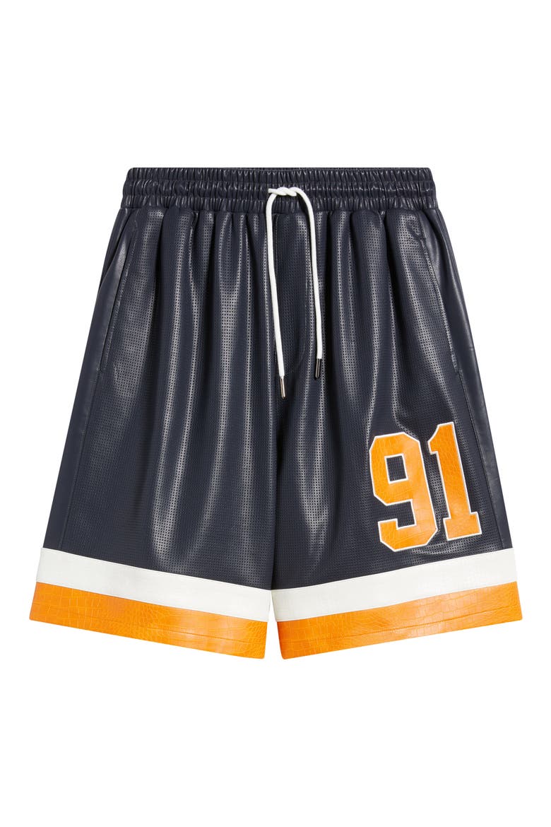 Stadium Perforated Faux Leather Shorts, Alternate, color, NAVY/ ORANGE/ ECRU