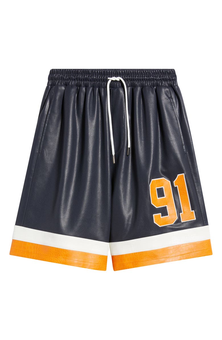 CRIMINAL DAMAGE Stadium Perforated Faux Leather Shorts, Main, color, Navy/ Orange/ Ecru