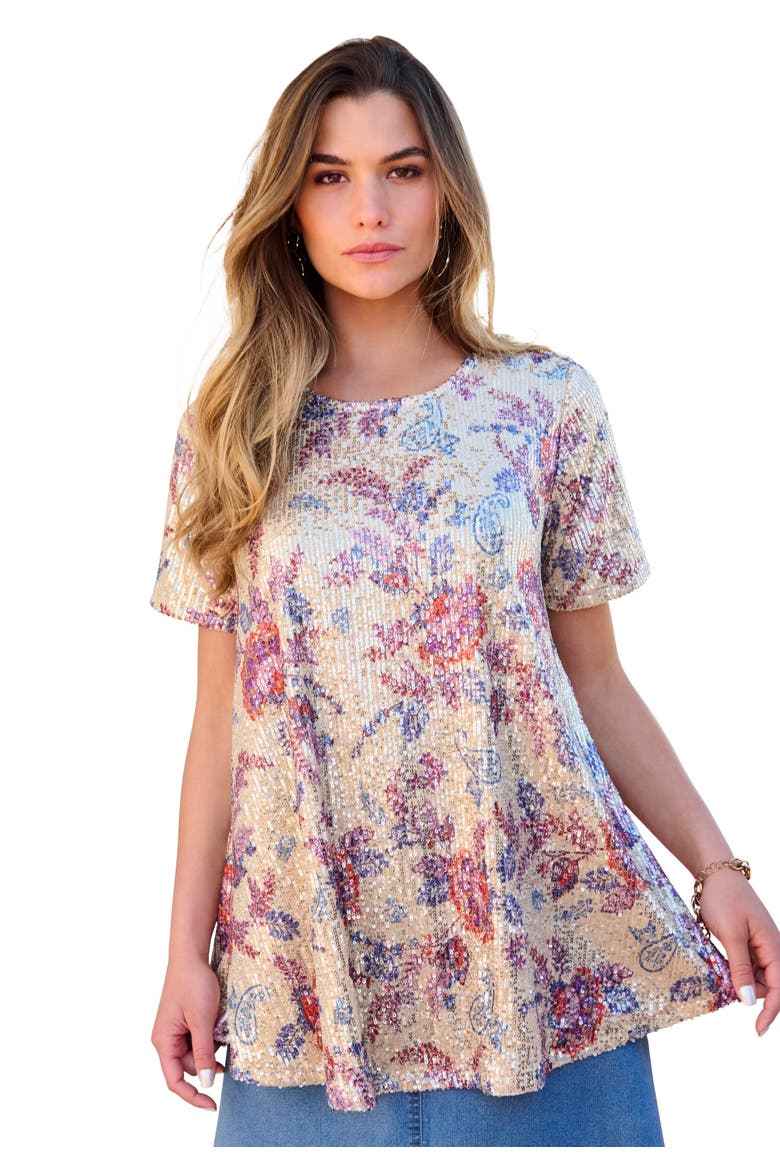 Plus Size Sequin Swing Tee, Main, color, OATMEAL FLORAL