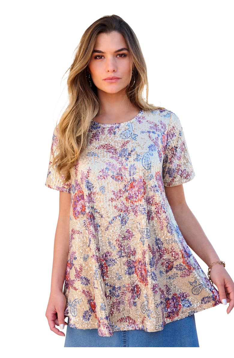 Roaman's Sequined Swing Tee, Main, color, Oatmeal Floral