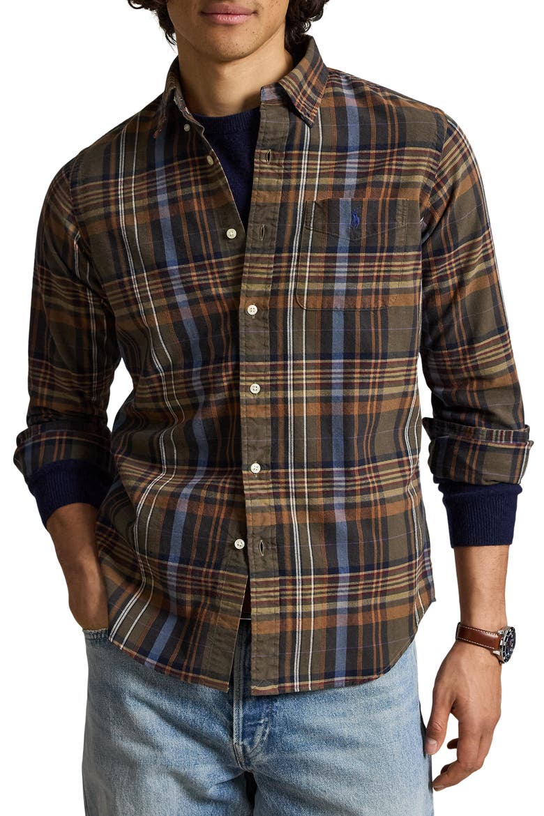 Classic Fit Plaid Oxford Shirt, Main, color, GRN/ BROWN