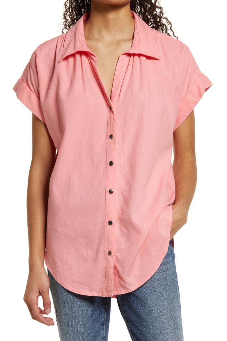 Linen Blend Camp Shirt, Main, color, PINK FLAMINGO