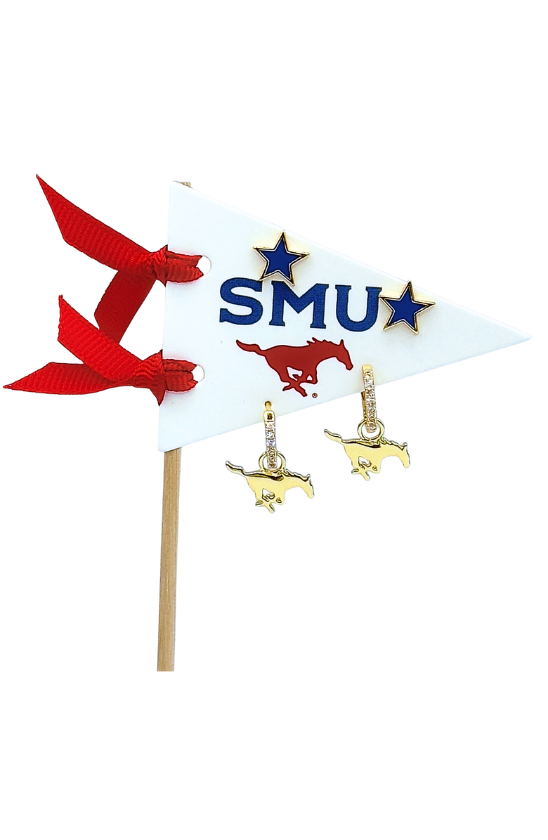 Color Shout Southern Methodist University Pennant Pair Earring Set, Main, color, Yellow Gold