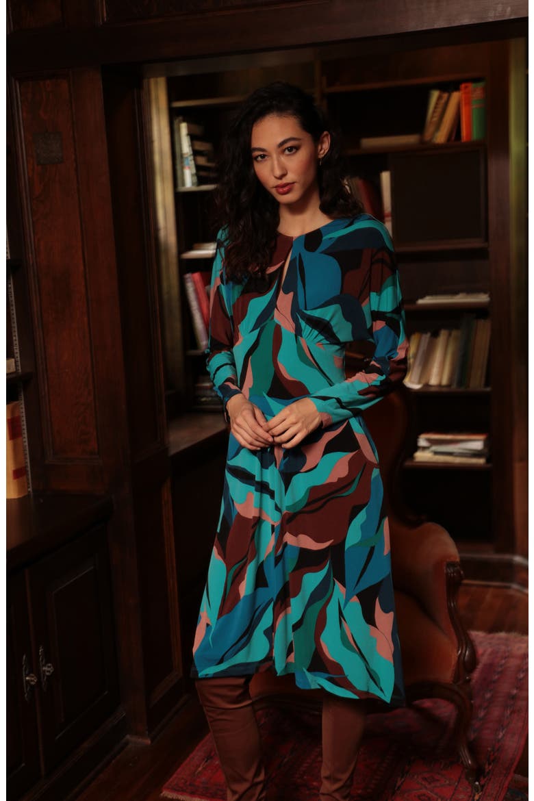 Print Long Sleeve Matte Jersey Dress, Alternate, color, BLACK/ TEAL