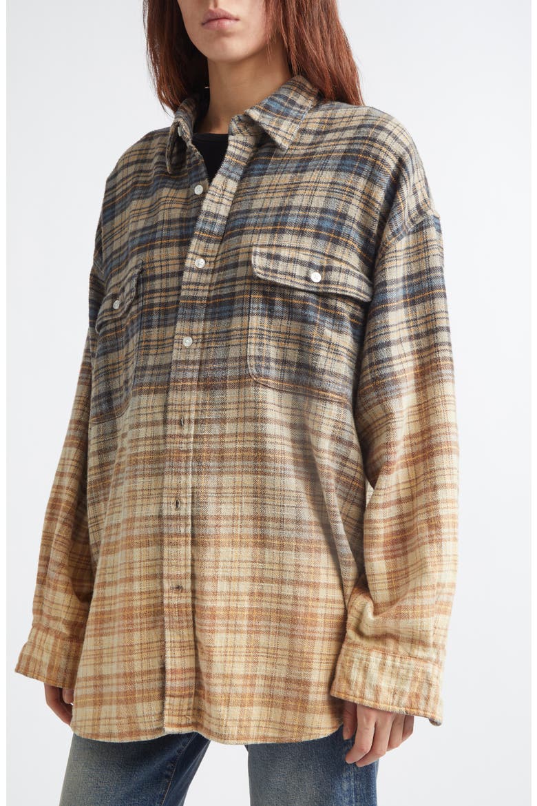Dip Dye Plaid Button-Up Boyfriend Shirt, Alternate, color, DIP BLEACH BLUE YELLOW PLAID