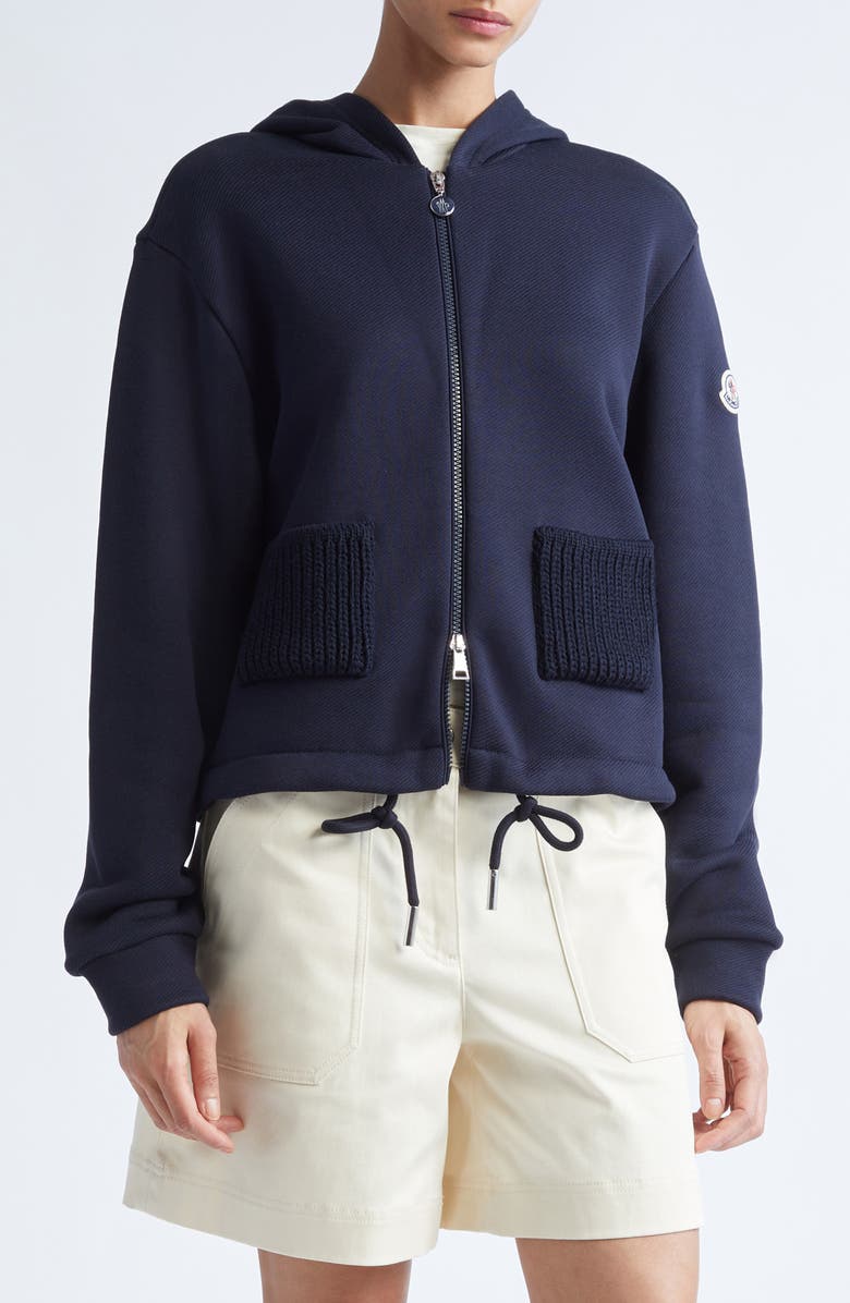 Moncler Knit Accent Cotton Blend Zip Hoodie, Main, color, Dark Navy Blue