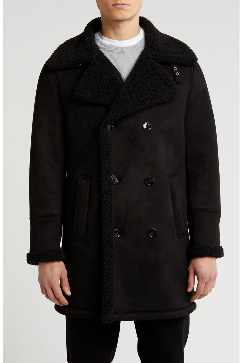 Faux Shearling Lined Double-Breasted Overcoat, Main, color, BLACK