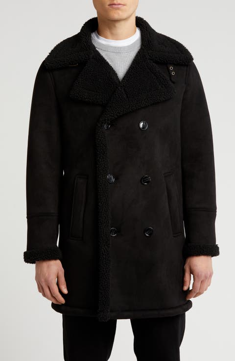 Faux Shearling Lined Double-Breasted Overcoat