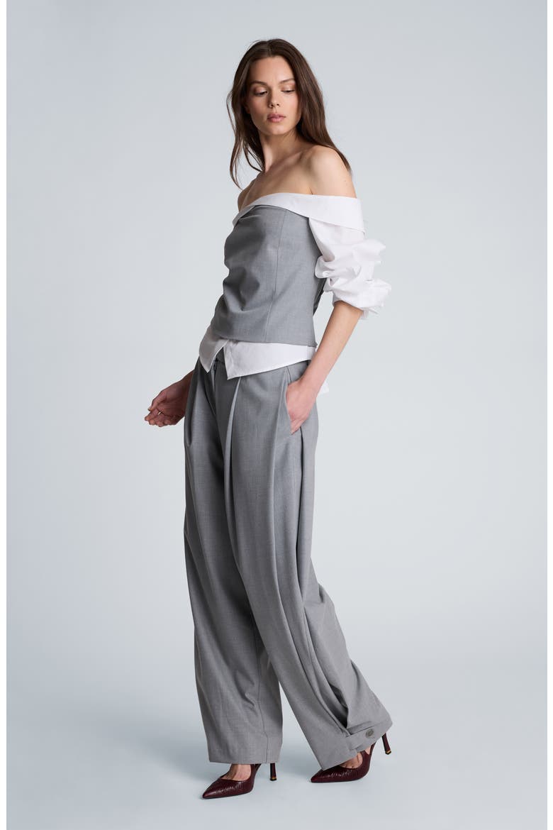 Pleated Sleeve Off the Shoulder Top, Alternate, color, LIGHT FOG HEATHER/ PURE WHITE