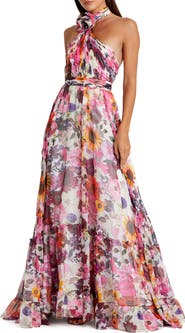 Mac Duggal Asymmetrical Ruffled Halter Floral Gown