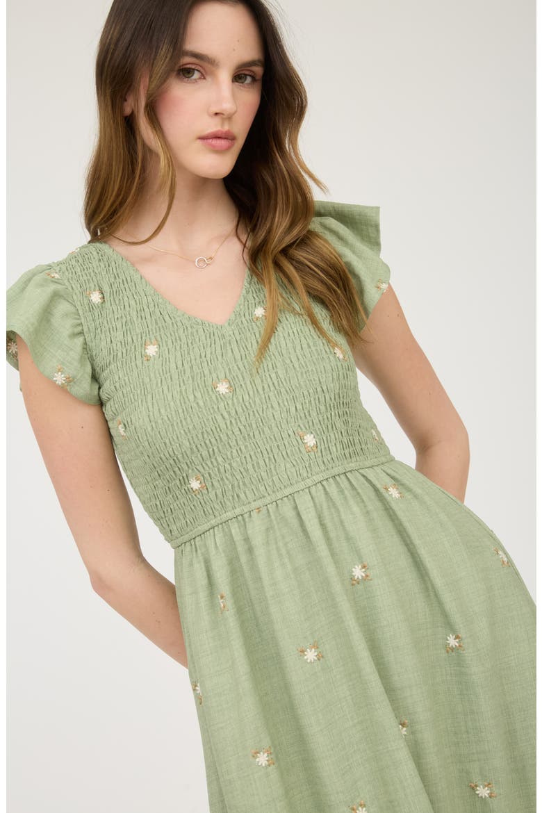 Floral Embroidered Cap Sleeve Midi Dress, Alternate, color, OLIVE GREEN