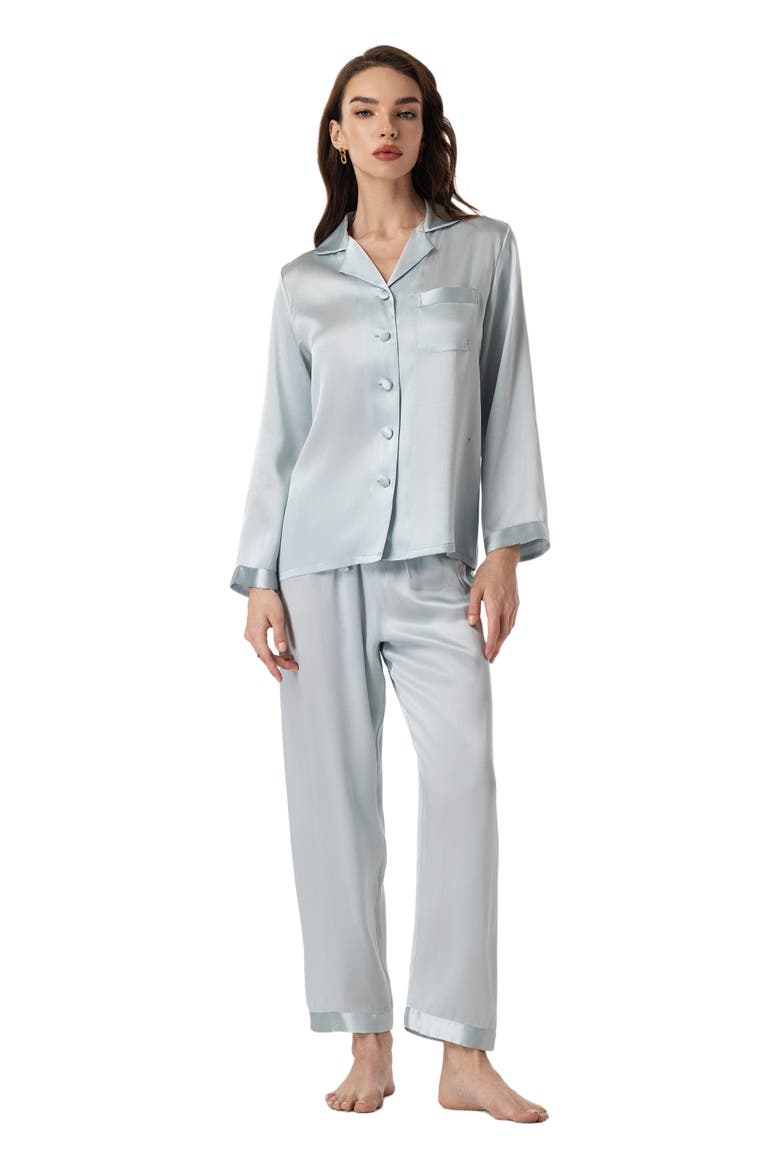 Silk Button Up Collared Women's Pajama Set, Alternate, color, Light Blue