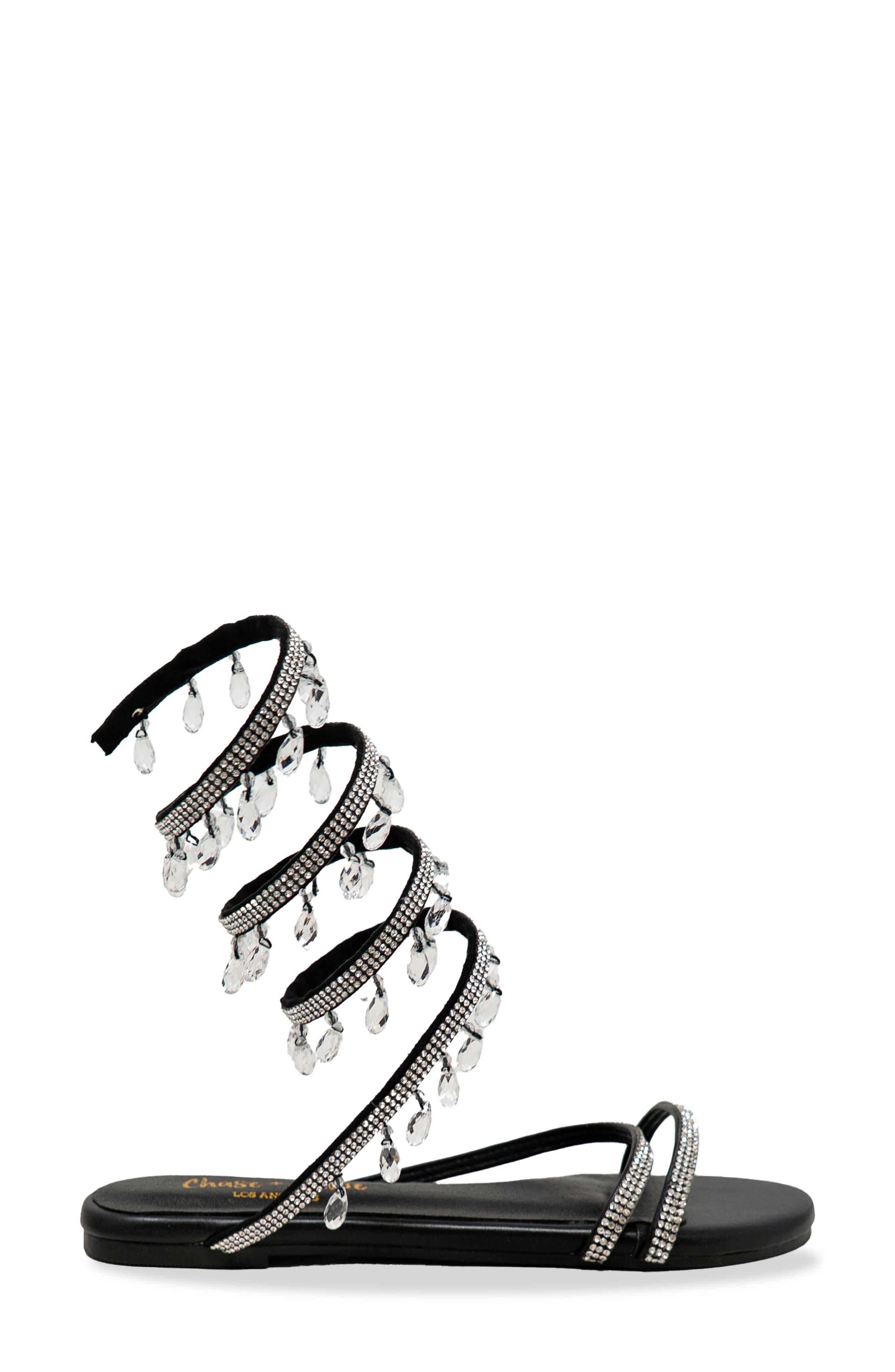 CHASE AND CHLOE Irma Rhinestone Coil Ankle Wrap Sandal, Alternate, color, Black Pu