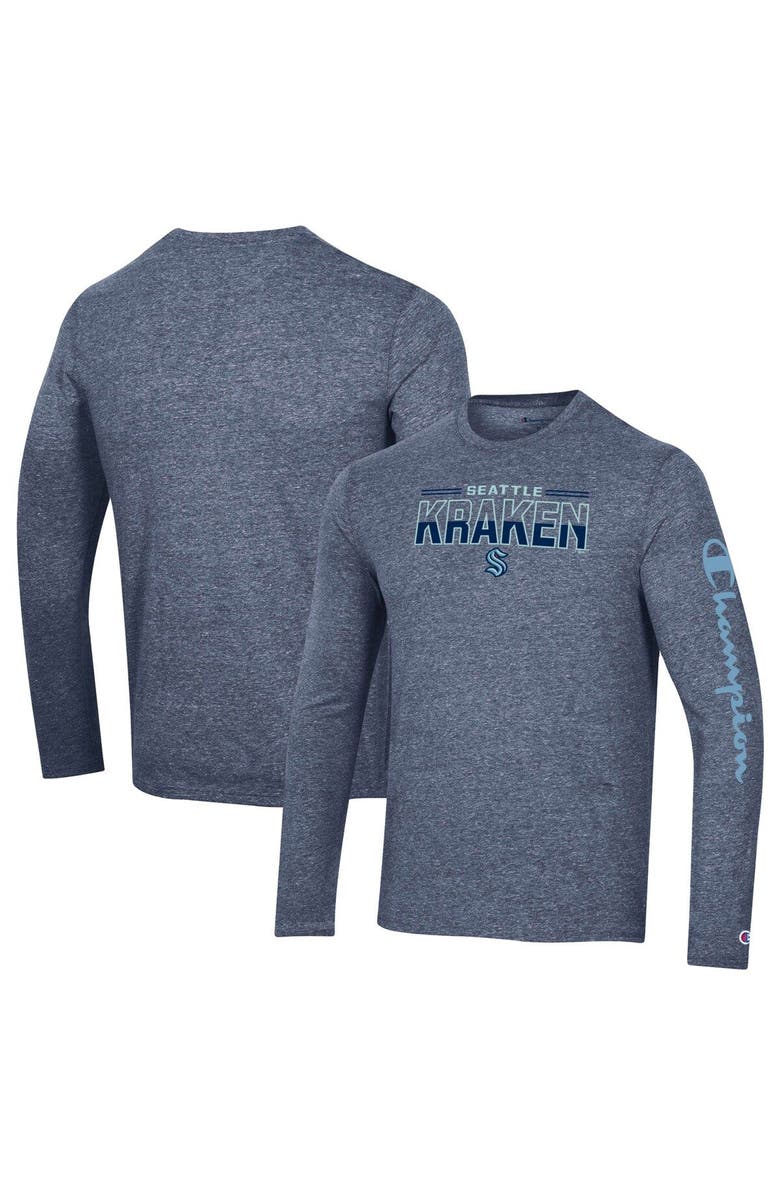 Champion Men's Champion Heather Navy Seattle Kraken Tri-Blend Long Sleeve T-Shirt, Main, color, Navy
