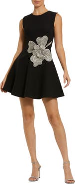 Mac Duggal Crepe Sleeveless Mini Dress With Rhinestone Flower