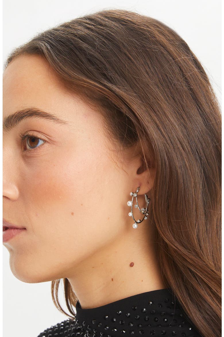 Crystal Double Hoop Earrings, Alternate, color, TORY SILVER / PEARL / CRYSTAL