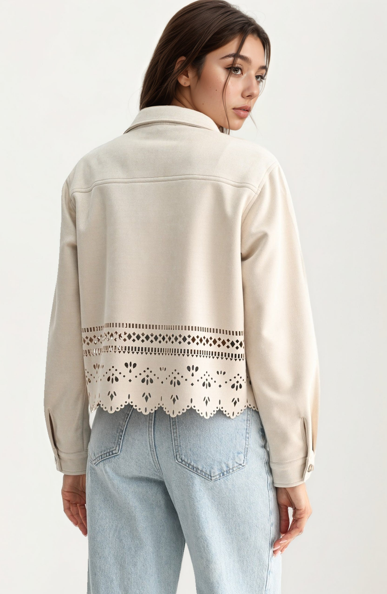 Knit and Lounge Eyelet Cutout Scalloped-Hem Button-Front Jacket, Alternate, color, Ivory