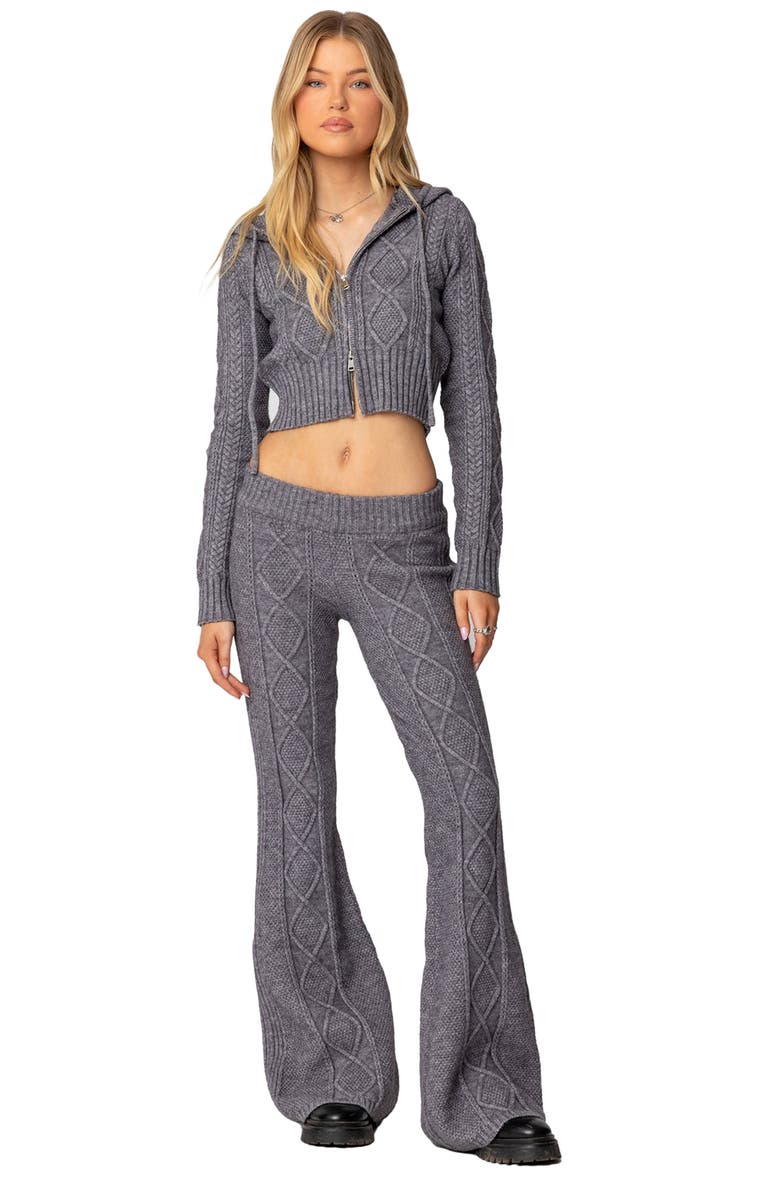 EDIKTED Ray Cable Stitch Knit Flare Sweater Pants, Alternate, color, Gray-Melange