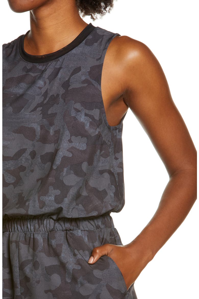 Getaway Blouson Romper, Alternate, color, GREY DEPTHS SAY MY NAME CAMO