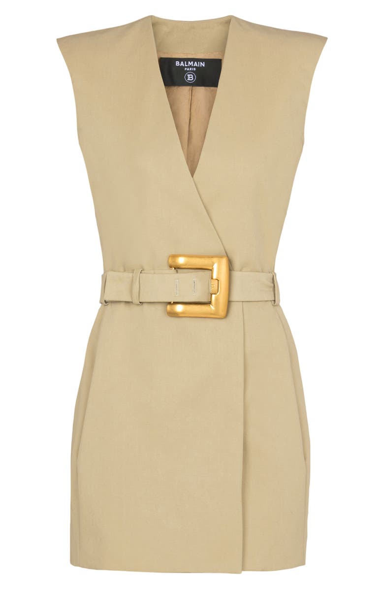 Balmain Short belted gabardine dress, Alternate, color, Beige