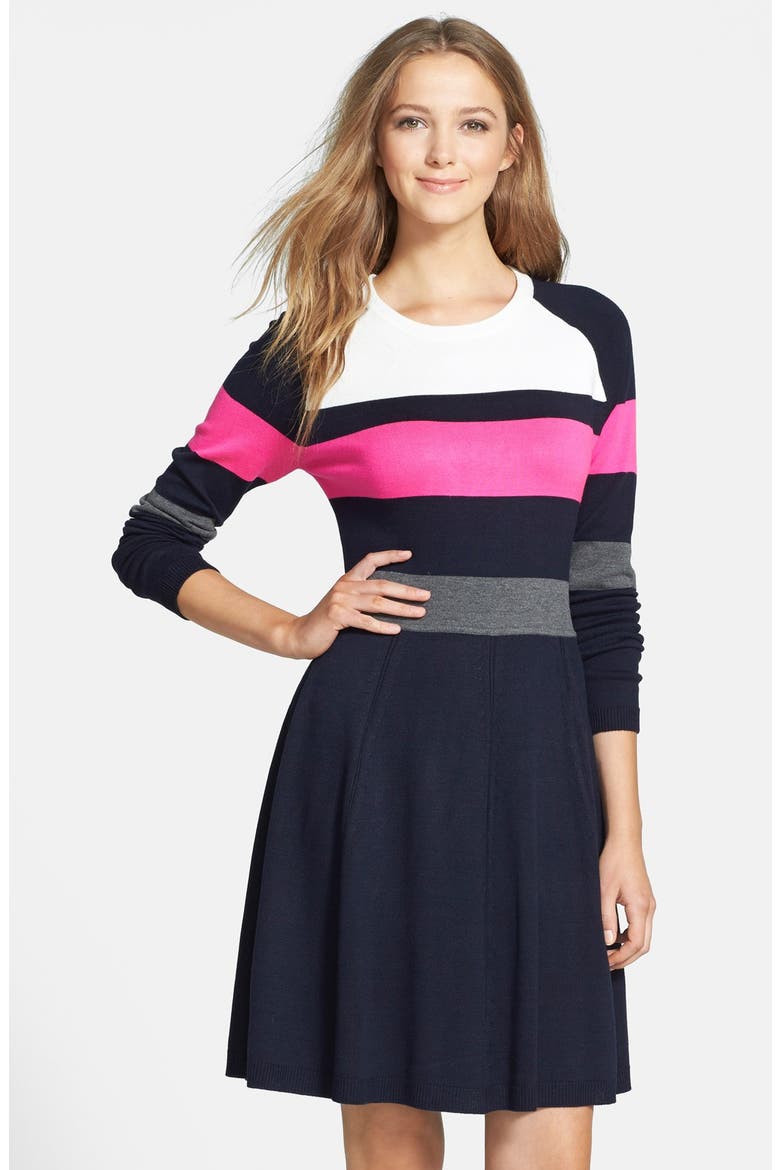Colorblock Fit & Flare Sweater Dress, Main, color, MULTI