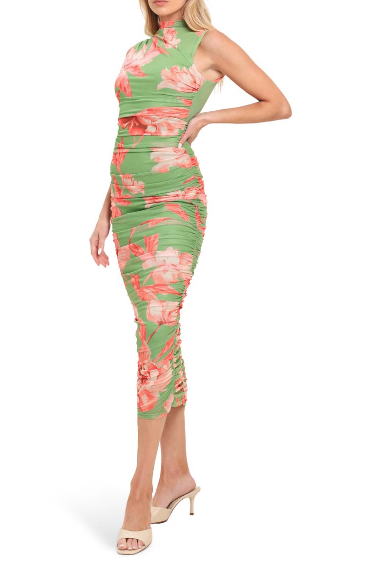 Sleeveless Print Mesh Midi Dress, Alternate, color, SAGE