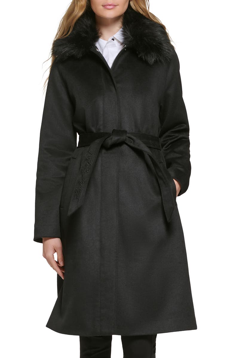 KARL LAGERFELD PARIS Luxe Belted Twill Wool Blend Coat with Removable Faux Fur Collar, Main, color, 