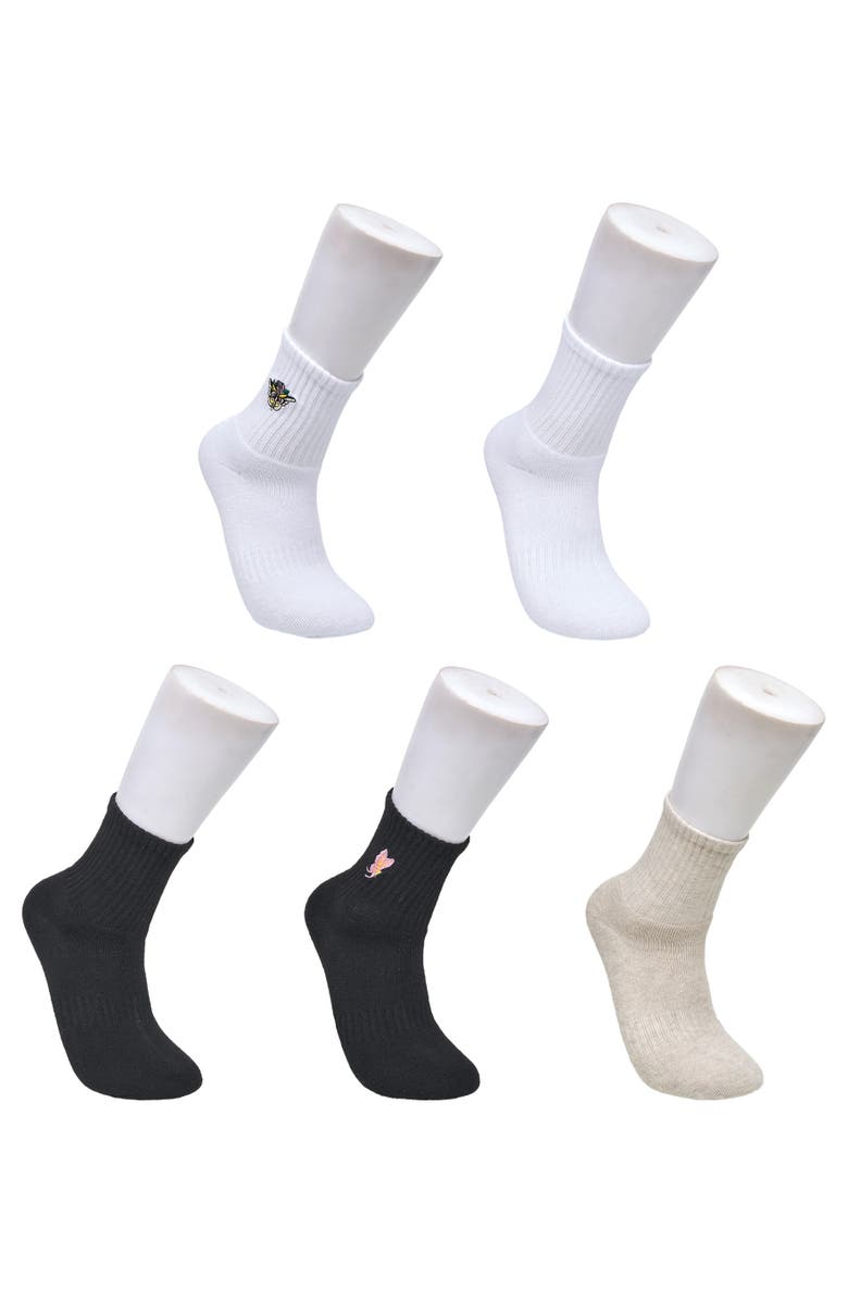 Ed Hardy Womens Flower Embroidery Half Cushion Mid Crew Sock 5-Pack, Main, color, White Multi